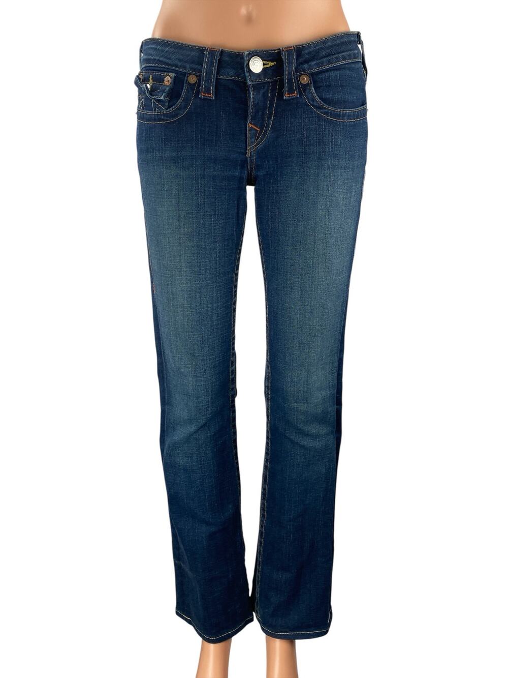 True Religion Women's Blue Low Rise Dark Wash Flared Bootcut Denim Jeans Sz 26